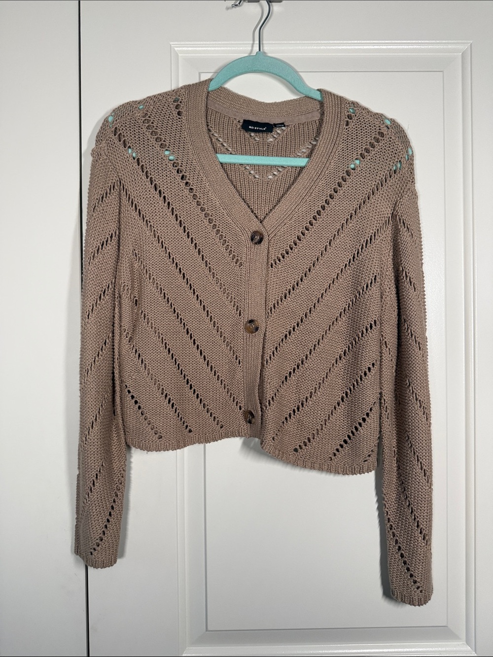 RD Style Taupe Open-Weave V-Neck Button Front Cardigan